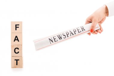 cropped view of woman holding newspaper near wooden blocks with fact lettering isolated on white clipart