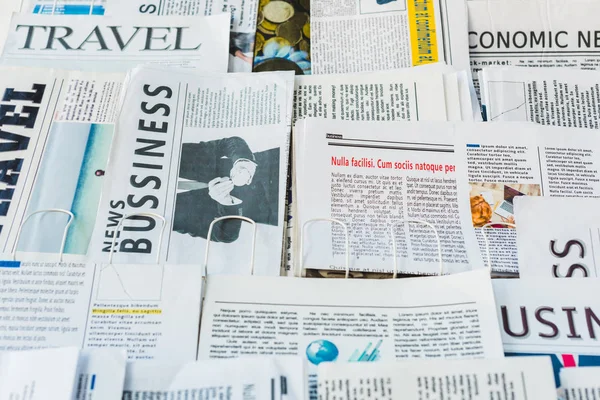 Different Print Daily Business Travel Newspapers Stand — Stock Photo, Image