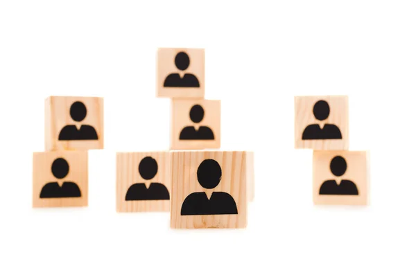 Selective Focus Wooden Blocks Black Human Icons Isolated White — Stock Photo, Image