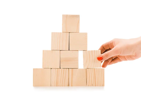 Cropped View Woman Picking One Wooden Block Copy Space Pyramid — Stock Photo, Image