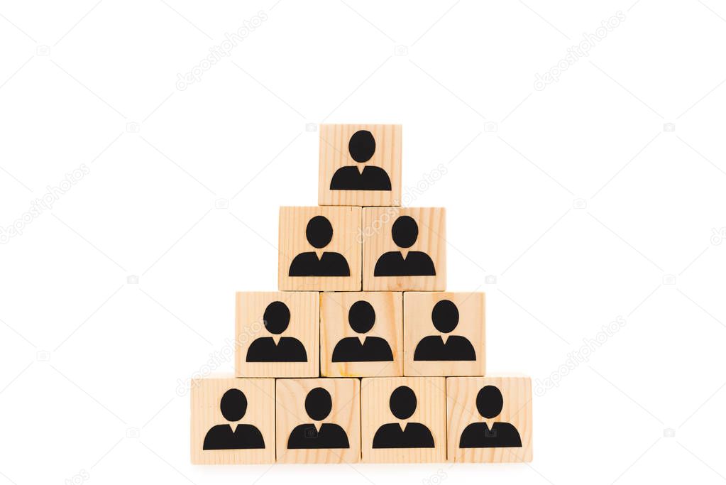 pyramid made of wooden blocks with black human icons isolated on white