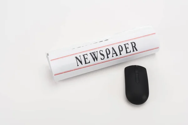 Rolled Print Newspaper Black Wireless Computer Mouse White Background — Stock Photo, Image