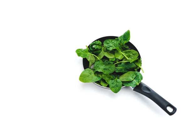 Green Fresh Spinach Leaves Frying Pan White Background — Stock Photo, Image