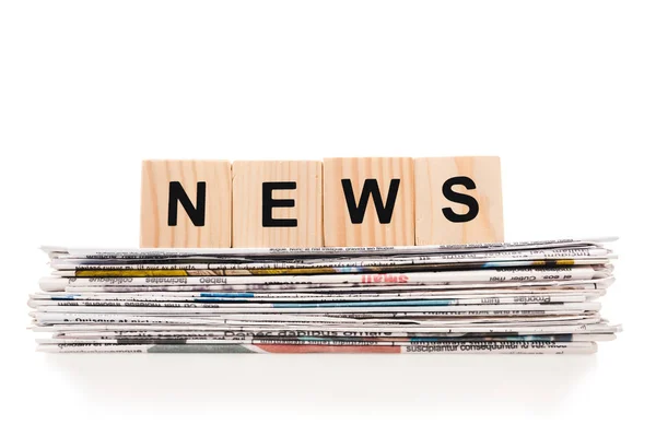Wooden Blocks News Lettering Pile Print Newspapers Isolated White — 스톡 사진