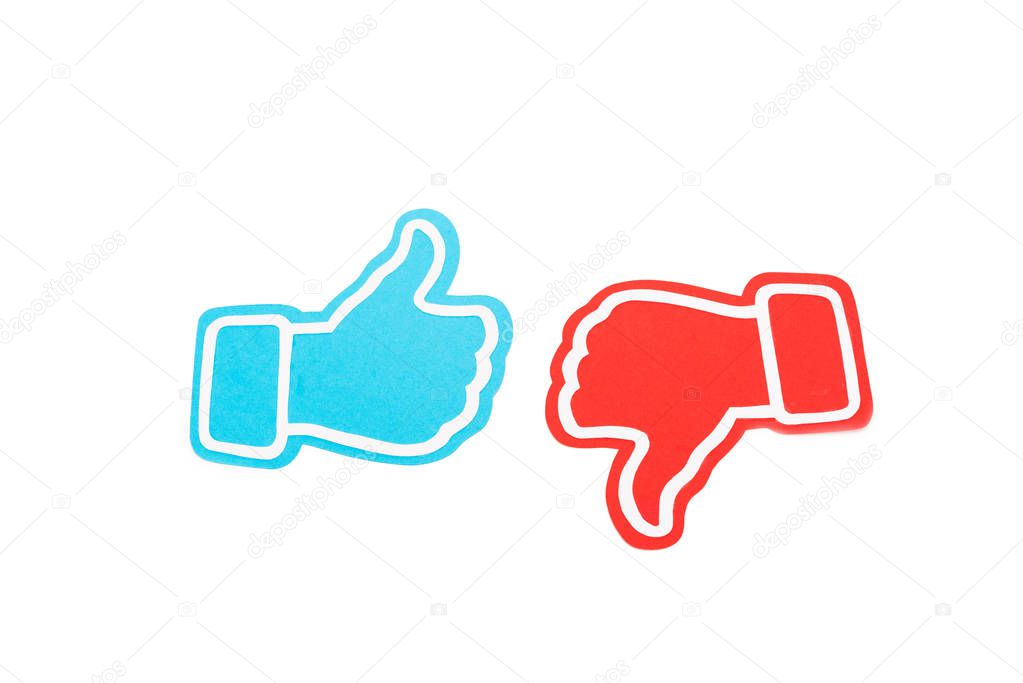 blue thumb up and red thumb down signs isolated on white