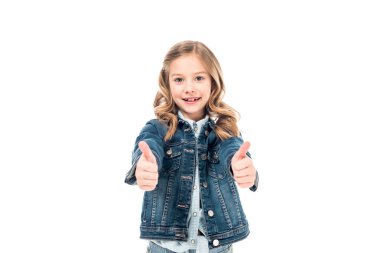 beyaz izole başparmak gösteren denim ceket kıvırcık çocuk ön görünümü