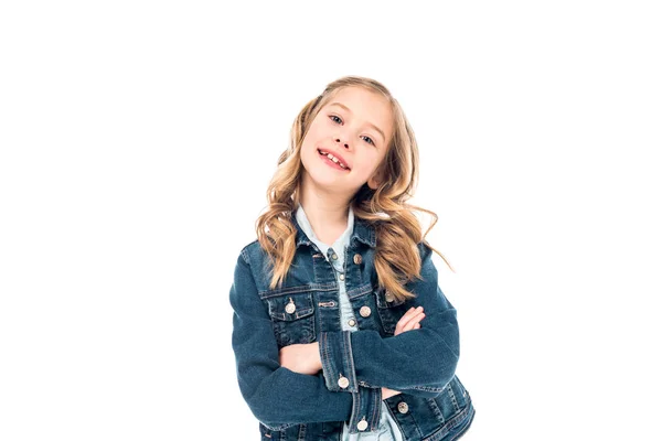 Kid Denim Jacket Standing Crossed Arms Smiling Isolated White — Stock Photo, Image