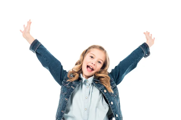 Excited Curly Kid Denim Jacket Waving Hands Laughing Isolated White — Stock Photo, Image