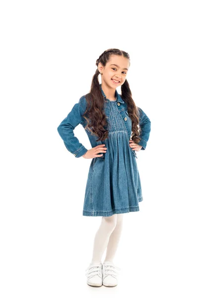 Full Length View Smiling Kid Denim Dress Isolated White — Stock Photo, Image