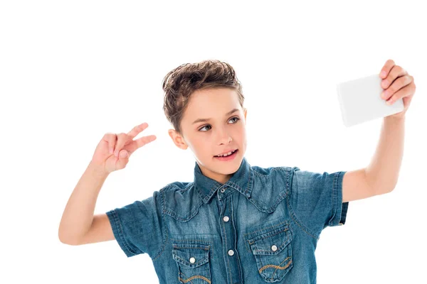 Criança Camisa Jeans Tomando Selfie Mostrando Sinal Paz Isolado Branco — Fotografia de Stock