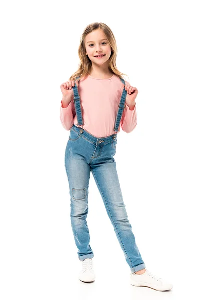 Vista Completa Niño Jeans Mirando Cámara Con Sonrisa Aislada Blanco — Foto de Stock