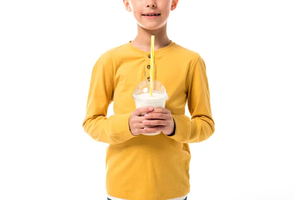 Cropped View Happy Kid Holding Milkshake Isolated White — Stock Photo, Image