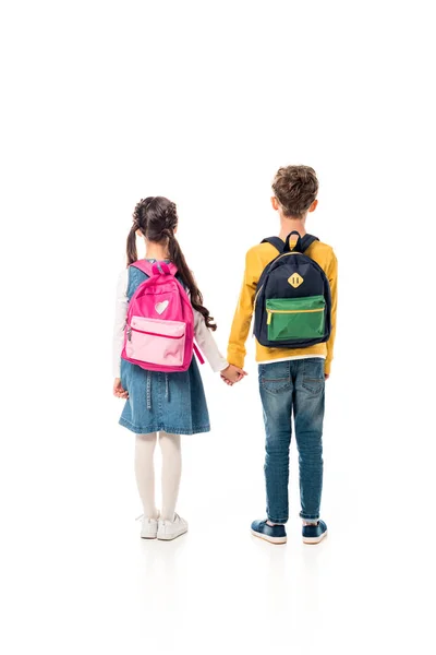 Back View Schoolchildren Backpacks Holding Hands Isolated White — Stock Photo, Image