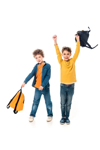 Full Length View Schoolkids Backpacks Isolated White — Stock Photo, Image