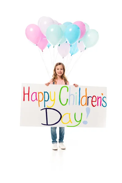 Full Length View Kid Holding Placard Balloons Isolated White — Stock Photo, Image