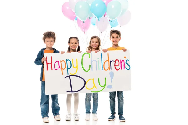 Full Length View Kids Holding Colorful Balloons Placard Isolated White — Stock Photo, Image