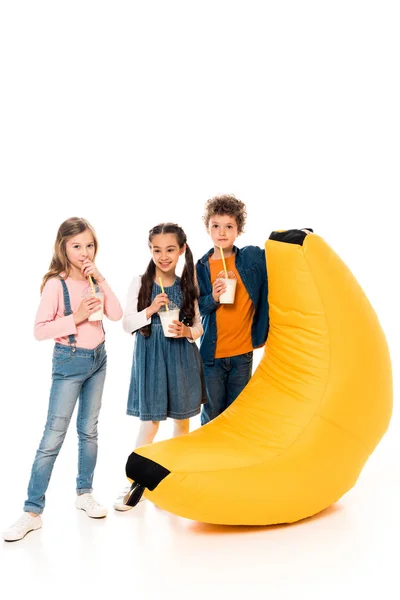 Full Length View Three Kids Drinking Milkshakes Bean Bag Chair — Stock Photo, Image