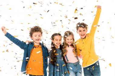 four happy kids waving hands under confetti isolated on white clipart