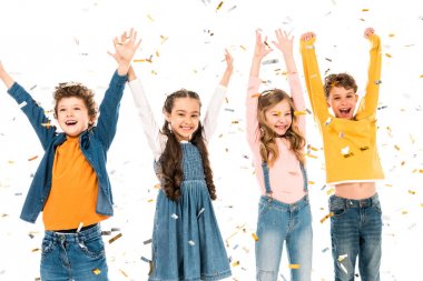 four happy kids waving hands under confetti isolated on white clipart