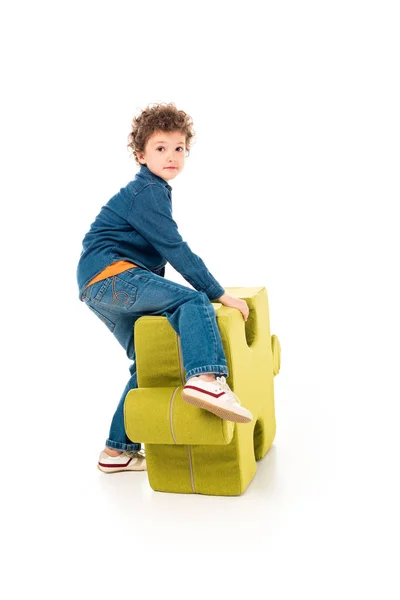 Kid Denim Kleding Met Grote Puzzel Wit — Stockfoto