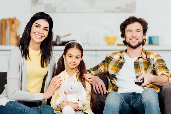 Happy Man Holding Remote Controller Wife Daughter — Stock Photo, Image