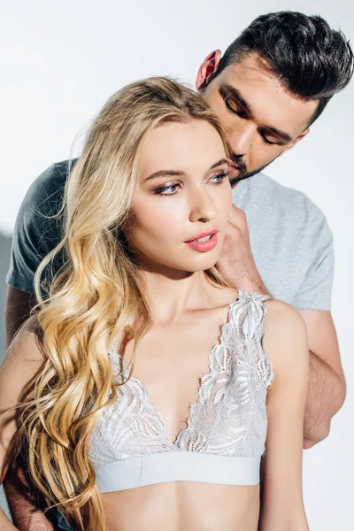 Handsome Man Closed Eyes Attractive Blonde Girl Lace Bra White — Stock Photo, Image