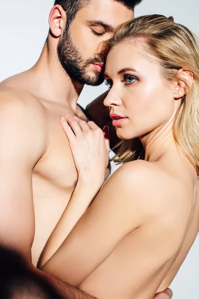 Naked Blonde Girl Touching Handsome Shirtless Boyfriend White — Stock Photo, Image