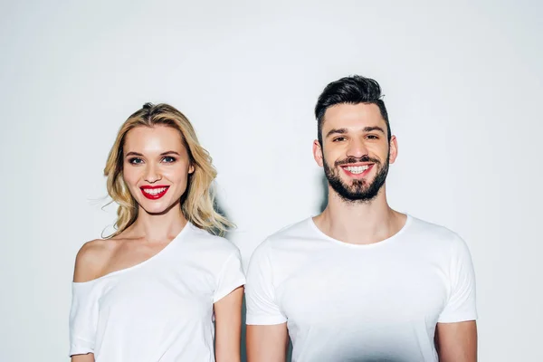 Cheerful Bearded Man Happy Blonde Girl Looking Camera White — Stock Photo, Image