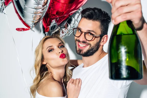 Selective Focus Cheerful Bearded Man Glasses Holding Bottle Champagne Woman — Stock Photo, Image