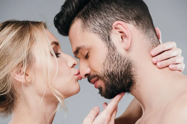 Close Blonde Girl Kissing Nose Bearded Man Closed Eyes Grey — Stock Photo, Image