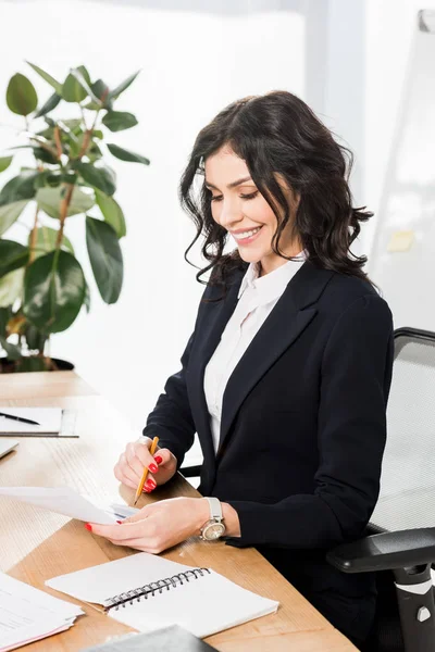 Happy Brunette Recruiter Formal Wear Looking Document Holding Pencil Office — Stock Photo, Image