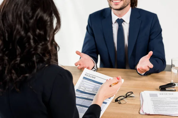 Selective Focus Resume Hands Recruiter Man Office — Stock Photo, Image