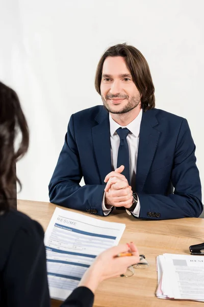 Selective Focus Smiling Man Clenched Hands Looking Recruiter Resume — Stock Photo, Image