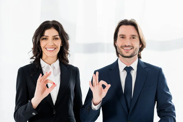 Cheerful Recruiters Smiling While Showing Signs Looking Camera — Stock Photo, Image
