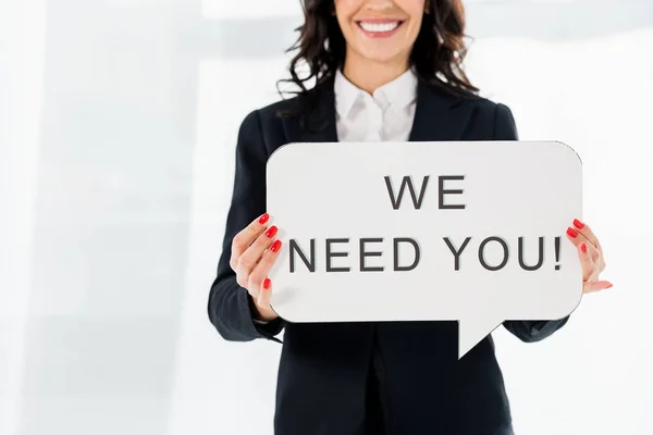 Cropped View Cheerful Recruiter Holding Speech Bubble Need You Lettering — Stock Photo, Image