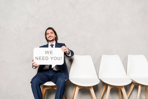 Happy Recruiter Sitting Chair Holding Speech Bubble Need You Lettering — Stock Photo, Image