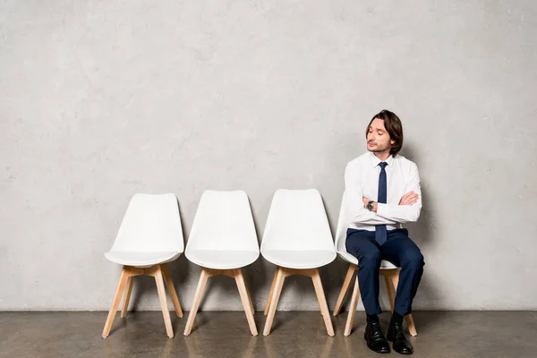 Handsome Man Sitting Chair Crossed Arms While Waiting Job Interview — Stock Photo, Image