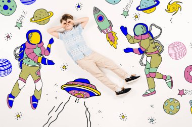 cute kid with hands near eyes flying in space near astronauts on white  clipart