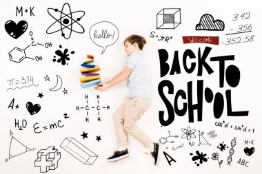 top view of kid near colorful books and welcome back to school lettering on white clipart