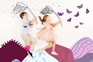 top view of cheerful kids with butterfly nets near butterflies and mountains on white  clipart