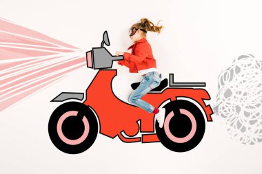 top view of happy kid in super hero mask driving motorbike on white  clipart