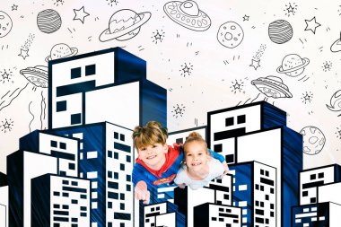 top view of cheerful kids flying near buildings and planets on white  clipart
