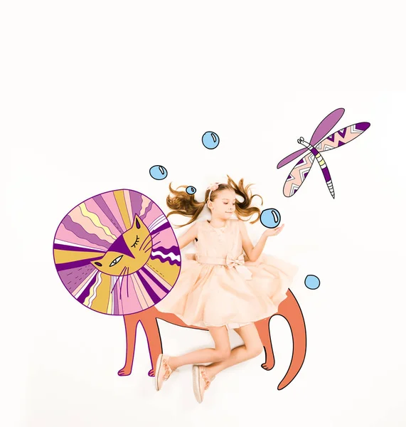 Top View Cute Kid Pink Dress Fairy Characters White — Stock Photo, Image