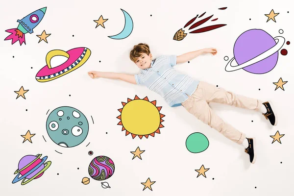 Top View Cheerful Kid Flying Space White — Stock Photo, Image