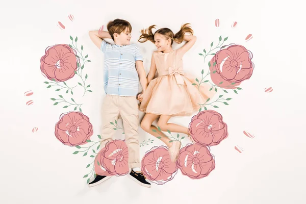 Top View Cheerful Kids Holding Hands Pink Flowers White — Stock Photo, Image