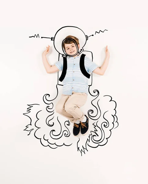 Top View Cheerful Kid Astronaut Suit Gesturing White — Stock Photo, Image