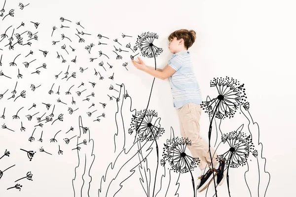 top view of kid blowing dandelion seeds while flying on white 