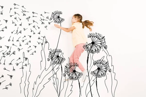 Top View Kid Blowing Dandelion Seeds While Flying White — Stock Photo, Image