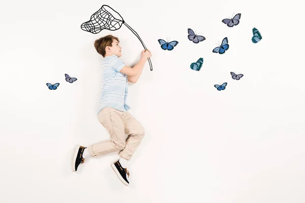 Top View Cheerful Kid Holding Butterfly Net Butterflies White — Stok Foto