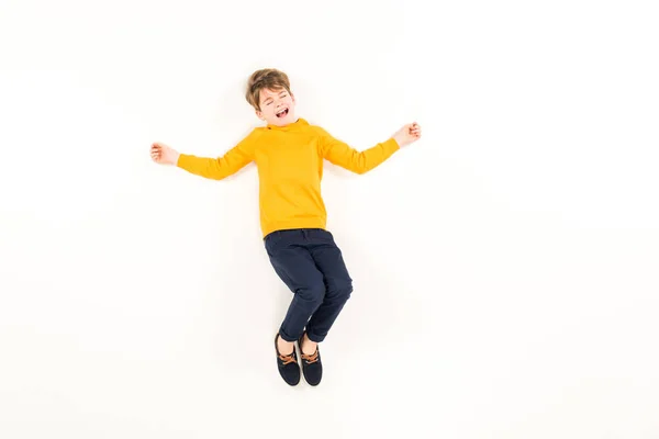 Top View Scared Kid Screaming While Flying White — Stock Photo, Image